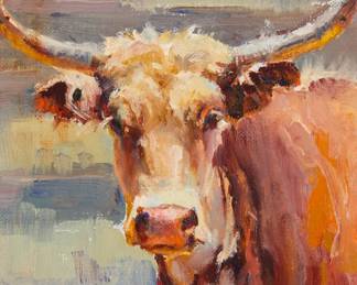 1341 Shawn Cameron (b. 1950) Steer Oil on canvas laid to artist's panel Signed lower center: Shawn Cameron 7" H x 5" W Estimate: $400 - $600