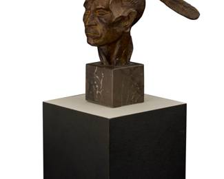 1137 Harry Jackson (1924-2011) "Algonquin Chief Head, One Feather," 1971 Patinated bronze on marble base on laminated wood plinth Edition: 22/100 Signed, dated, and numbered in the casting: © H. Jackson / 71 / 22 Bronze: 3.625" H x 2.625" W x 4.625" D; With marble: 5.25" H; Overall: 9.25" H x 4.125" W x 5.375" D Estimate: $400 - $600