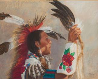 1229 Jackie Sevier (20th century, Northern Arapaho) "In Reverence," 1990 Pastel on paper Signed in pencil lower right: Jackie Sevier ©; titled and dated "1990" in ink, and with the artist's black ink stamp on the frame's backing paper; signed and titled again on a handwritten exhibition label affixed to the frame's backing paper Sight: 20" H x 25" W Estimate: $300 - $500