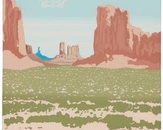 1275 Charles H. Jeffress (1920-2014) "T'àà Diné / Land of the Navaho," 1982 Screenprint in colors, blind embossing, and collage (of silver/brass/turquoise, and a feather) on Arches paper Edition: 77/90 Signed, titled, dated, and numbered in pencil along the lower sheet edge; the Navajo version of the title printed as part of the image Image/Sheet: 22.5" H x 15" W Estimate: $200 - $300