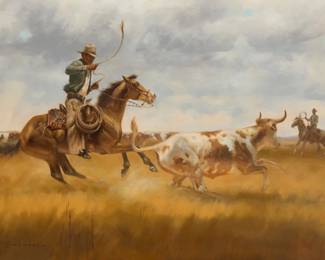 1140 Jack N. Swanson (1927-2014) "Cutting 'em off at the Pass" Oil on board Signed lower left: J.N. Swanson-; titled by repute 24" H x 36" W Estimate: $1,500 - $2,500