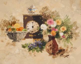 1149 Richmond Irwin Kelsey (1905-1987) "The Antique Clock" Oil on board Signed lower right: Kelsey; titled, numbered "K-316," and with the artist's copyright stamp, verso 11.5" H x 15.5" W Estimate: $500 - $700