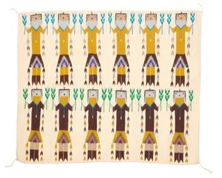 1087 A Navajo Yei weaving Mid/late 20th century, Diné Woven in multicolor wool, depicting two rows of six figures, each draped with feathers and holding corn stalks 36.5" H x 44" W Estimate: $500 - $700