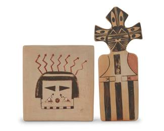 1301 Two Hopi Pueblo polychrome pottery items Late 20th century Tile signed: Shannon Shula; katsina signed and dated, possibly in another hand: M. Shula / 9/6/84 Comprising a tile depicting a lightning katsina, and a tile putsqatihu katsina 2 pieces Tile: 5" H x 4.75" W; Putsqatihu: 7.5" H x 3.125" W Estimate: $200 - $400