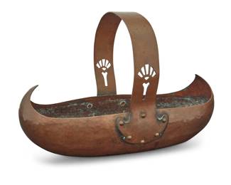 1331 A Dirk van Erp hammered copper flower basket 1913-1915; San Francisco Base impressed: Dirk van Erp [open box mark] The canoe-form basket with pierced flower vase design to handle 7" H x 11" W x 6.375" D Estimate: $500 - $700