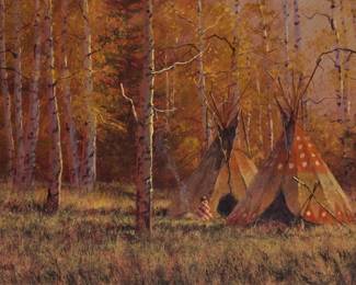 1246 Mark Geller (b. 1947) "Little Camp" Acrylic on Masonite Signed lower left: Geller; signed again and titled in ink on a label affixed verso 12" H x 16" W Estimate: $400 - $600