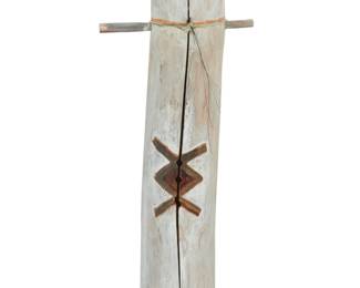 1283 An Apache polychrome carved wood fiddle 20th century; Southwest United States With wood peg, string, and remnants of horsehair 16.5" H x 6" W x 3.25" D Estimate: $200 - $400