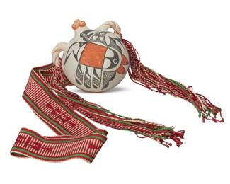 1315 Eva Histia (1914-2005, Acoma Pueblo) A polychrome pottery canteen and woven sash, mid-20th century Signed to underside: E, Histia, / Acoma N, Mex, With orange and black bird and feather motifs on a white slip ground, with a corn stopper and braided handles mounted with an associated sash Canteen: 7" H x 8" W x 7.625" D; Sash: 66" L Estimate: $200 - $400