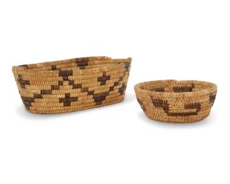 1178 Two Papago baskets Early/mid-20th century, Tohono O'odham; Arizona/Southwest United States The coiled baskets comprising one oval with a serrated band and floating crosses, and a circular with floating hooked motifs 2 pieces Oval: 3.375" H x 10" W x 6.375" D; Circular: 2.125" H x 5.5" Dia. Estimate: $100 - $200