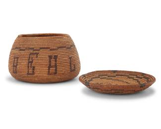 1179 A California Mission basketry bowl and tray Early 20th century; Southern California Comprising a coiled bowl with floating letters and two columns of stacked triangles, and a coiled tray with swirling stepped design 2 pieces Bowl: 5.25" H x 8.375" W; Tray: 1.375" H x 7.75" Dia. Estimate: $300 - $500