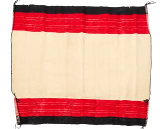 1090 A Hopi Pueblo twilled manta weaving 20th century; Arizona With a twill weave cream cotton center and integral banded borders woven in red and black wool with dark blue corded edging 35" H x 40.5" W Estimate: $700 - $900