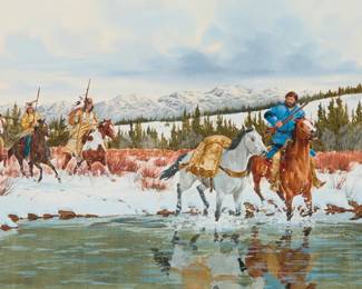 1248 Ron Stewart (b. 1941) "Bad Odds" Watercolor on paper Signed and with the artist's boot device lower left: Ron / Stewart; titled on the overmat lower left with an additional watercolor sketch in the lower right of the overmat Sight: 11.75" H x 23.875" W Estimate: $500 - $700