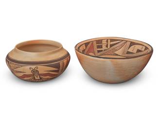 1303 Two Hopi Pueblo polychrome yellowware pottery bowls Two works: Marilyn Shula Sakeva (1955-2019, Hopi-Tewa) A low jar, late 20th/early 21st century Signed to underside: M. Sakeva With red and brown banded geometric motifs and two butterfly/moth motifs 3.875" H x 7.5" Dia. Louise Mahle (b. 20th century, Hopi-Tewa) A three-color bowl, late 20th century Signed in pen to underside: Louise Mahle With red and brown band of geometric motifs to interior rim 3.75" H x 9.125" Dia. 2 pieces Estimate: $300 - $500