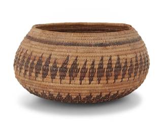 1018 A Panamint Shoshone basketry bowl Early 20th century; Great Basin The coiled basket of globular form with a single band above two serrated bands 3.375" H x 6.375" Dia. Estimate: $700 - $900