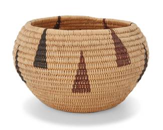 1022 A Susie Dick Washoe polychrome basketry bowl Susie Dick (20th century, Washoe) Early 20th century; Great Basin The coiled bowl with staggered triangular elements 3.875" H x 6.25" Dia. Estimate: $800 - $1,200
