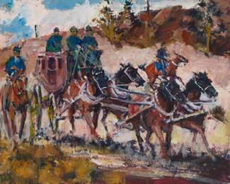 1206 James Lee Colt (1922-2005) "Payroll Delivery" Oil on Masonite Signed lower left: J. Colt; titled and with the artist's black ink stamp, verso 24" H x 30" W Estimate: $600 - $800