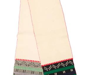 1412 A Hopi Pueblo woven dance sash Early 20th century; Arizona A long sash woven in cotton and wool in two pieces, with polychrome stylized 'Broadface Katsina' brocaded motif in black, green, blue, and red to each end, with fringed ends and red yarn stitching to edges and center seam 109" H x 12.5" W (including fringe) Estimate: $600 - $800