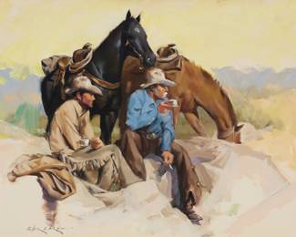 1171 Clair V. Fry (1901-1995) Coffee break Oil and traces of graphite on Masonite Signed lower left: Clair V. Fry 18" H x 24" W Estimate: $200 - $400