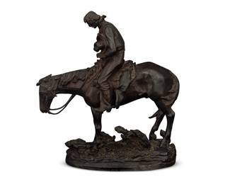 1144 Leonard E. "Gus" Shafer (1907-1985) "Sundown: Thanks for Another Day," 1970 Patinated bronze Edition: 13/15 Signed, titled, dated and numbered in the casting: SHAFER / [yoke cipher] © 15.5" H x 14" W x 6.25" D Estimate: $500 - $700