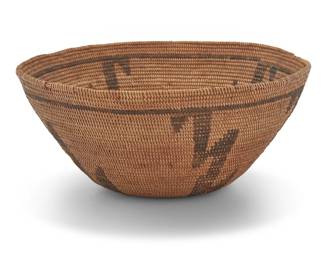 1014 A Panamint Shoshone basketry bowl Early 20th century; Great Basin The coiled bowl with five serrated arms framed with upper and lower bands 4" H x 9.25" Dia. Estimate: $400 - $600
