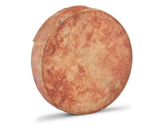 1068 A Native American hide drum 20th century; Southwest United States Hide stretched on a wood ring, strung with leather lashing 3" H x 13.375" Dia. Estimate: $200 - $400