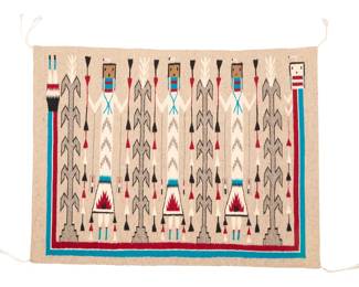 1267 A Zonnie Gilmore Navajo Yei textile Zonnie Gilmore (b. 1939, Diné) Late 20th century Woven in turquoise, red, black, cream, natural tan, and natural grey wool, depicting three figures holding feather alternating with corn stalks, and a rainbow guardian 35.5" H x 47.5" W Estimate: $700 - $900