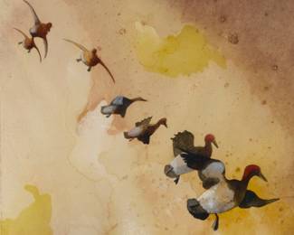 1161 Sid Mountain (20th Century) Redhead ducks in flight Watercolor on paper Signed lower right: Sid Mountain Sight: 9.5" H x 10.5" W Estimate: $200 - $300