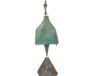 1339 Paolo Soleri (1919-2013) A Cosanti wind bell, mid/late 20th century; Paradise Valley, AZ With cast cipher The cast bronze bell with clapper and sheet copper fin Bell with chain and clapper: 24" H x 7.5" W x 6.5" D; Fin: 11" H x 6.875" W Estimate: $500 - $700