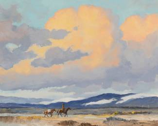 1138 Bill (William) Edward Freeman (1926/27-2012) Cowboy on horseback leading a pack horse in the desert Oil on canvas Signed lower right: Bill Freeman © 16" H x 20" W Estimate: $800 - $1,200