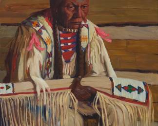 1107 Kathryn Woodman Leighton (1875-1952) "Chief Eagle Ribs" Oil on canvas Signed lower left: Kathryn W. Leighton; titled by repute 44" H x 36.25" W Estimate: $15,000 - $25,000