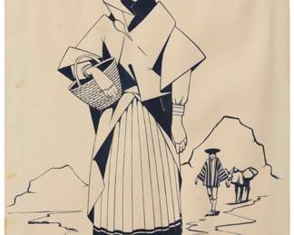 1102 Oscar Howe (1915-1983, Yanktonai Dakota) Native American woman with basket Ink on paper Signed in ink lower right: Oscar Howe Image/Sheet: 16.75" H x 11.25" W Estimate: $3,000 - $5,000