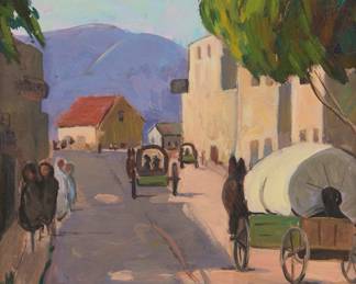 1285 Virginia Woolley (1884-1971) "Taos, New Mexico" Oil on board Signed lower right: Virginia Wooley: titled on the artist's label affixed to the verso 5.125" H x 4.125" W Estimate: $300 - $500