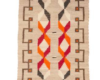 1085 A Navajo double saddle blanket Mid-20th century, Diné Woven in red, orange, black, dark brown, cream, and natural grey wool, with two columns of stacked Xs within an interlocking square border 49.25" H x 27.5" W Estimate: $300 - $500