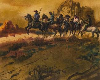 1205 William George (b. 1930) Cowboys in red bandanas on horseback Watercolor and gouache on paper Signed in pencil lower left: William George Sight: 7.25" H x 8.25" W Estimate: $500 - $700