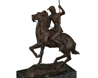 1116 Richard A. Myer (b. 1933) Native American on horseback, 1971 Patinated bronze on marble plinth Edition: 2/250 Signed, dated, inscribed, and numbered in the casting: Rich Myer © / JHM CLASSIC BRONZE Bronze: 12" H x 8" W x 5.5" D; Overall: 13.625" H x 8.75" W x 5.5" D Estimate: $700 - $900