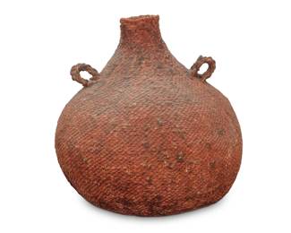 1047 A Paiute basketry water vessel Early 20th century; Great Basin The coiled vessel with two lug handles, covered in pine pitch 8.75" H x 8.75" Dia., irregular Estimate: $300 - $500