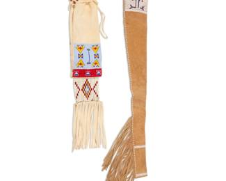 1395 Two Plains style beaded hide bags Late 20th/early 21st century Comprising a beaded tobacco bag with quillwork fringe and dreamcatcher adorned to cinch, and a beaded rifle cover with geometric floating design 2 pieces Tobacco with quillwork: 24.25" H x 7.75" W; Rifle: 45.5" L x 6.5" W Estimate: $200 - $400