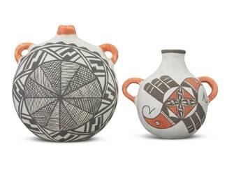 1316 Two Acoma and Laguna Pueblo polychrome pottery canteens Two works: Regina Pino (b. 20th century, Laguna Pueblo) A pottery canteen, late 20th century Signed to underside: R. Pino / Laguna With orange and brown bird avian motifs on white slip ground 5.625" H x 6" W x 4.125" D A pottery canteen, late 20th century Signed to underside: M. Sena / Acoma. N.M. Possibly Margaret Sena (b. 20th century, Acoma Pueblo), with black geometric and fine-line designs on white slip ground 7.125" H x 6.5" W x 3.25" D 2 pieces Estimate: $300 - $500