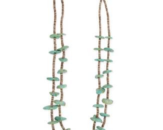2177 A Pueblo turquoise necklace Mid/late 20th century Unmarked Comprising a chunky double strand necklace with large graduated tab turquoise alternating with heishi spacers 36" L 222.4 grams gross Estimate: $300 - $500