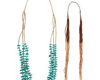 2172 Two Pueblo necklaces Mid/late 20th century Unmarked Comprising a three-strand necklace with graduated small tab turquoise alternating with heishi spacers (30" L) as well as a ten-strand necklace of heishi shells in ombré white, beige and brown, with silver cone hook clasp (25" L to 29" L) 2 pieces 149.6 grams gross Estimate: $500 - $700