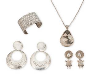 2207 A group of Southwest silver jewelry Late 20th/21st century Four works: Fritson Toledo, (b. 1961, Diné) A Navajo sterling silver figural landscape teardrop pendant Stamped: Toledo / Sterling A chunky pendant in sterling silver overlay, featuring a bear and an elk at a riverbank, suspended from a sterling silver chain 21" L x 3.25" H Esther Wood (b. 1946, Diné) A pair of Navajo sterling silver figurative earrings With etched signature verso: Esther Wood; stamped: Sterling The articulated Sunface katsina earrings with chased silver accents 2 pieces Each: 2.5" H A group of Southwest silver jewelry One marked: Sterling Comprising a chunky sterling silver cuff with extensive stamped banding to each side, and a large pair of stamped sterling silver earrings 3 pieces Cuff: 7.375" total inner C x 1.75" H, gap: 1.625"; Earrings: 4" H x 2.75" W 6 pieces total 200.1 grams gross Estimate: $200 - $400