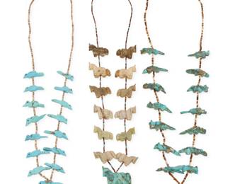 2276 A group of Leonard Halate Zuni carved fetish necklaces Leonard Halate (d. 20th century, Zuni Pueblo) Mid/late 20th century One marked: H; each with tag indicating artist Three works comprising a carved turquoise bird fetish necklace (26" L), a carved mixed stone horse fetish necklace (26" L), and a carved turquoise long-tailed animal fetish necklace (29" L) 3 pieces 187.4 grams gross Estimate: $400 - $600