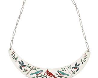 2087 A Zuni Pueblo style multistone inlay pictorial collar necklace Mid/late 20th century Unmarked A sterling silver hinged collar with turquoise and red stone mosaic inlay featuring multiple birds including a cardinal, and hummingbirds, and flowering branches, all suspended from two paperclip style chains 16.5" L x 1" H 44.0 grams gross Estimate: $400 - $600