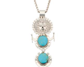 2139 A Bennie Ration Navajo sterling silver and turquoise katsina figure necklace Bennie Ration (b. 1955, Diné) Late 20th/21st century Stamped: B.R. / Sterling / [talon picto] An articulated sterling silver and turquoise sun kachina pendant/brooch suspended by a detachable bail from a silver chain 20" L x 4" H x 1.5" W 56.1 grams gross Estimate: $600 - $800