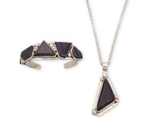 2230 A set of Eric & Carol Fierro Navajo sterling silver and sugilite jewelry Eric and Carol Fierro (b. 20th century, Diné) Late 20th/21st century Each stamped: E & C Fierro / Sterling Two works comprising a triangular sterling silver and set sugilite pendant suspended from a chunky silver chain, as well as a matching sterling cuff bracelet with chunky row set sugilite with scattered silver ball accents 2 pieces Pendant: 20" L x 2.75" H; Cuff: 7" total inner C x 1" H, gap: 1.25" 89.6 grams gross Estimate: $300 - $500