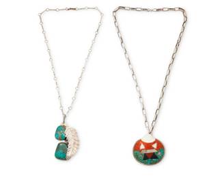 2222 Two Southwest silver, shell, and stone necklaces Mid/late 20th century Shell marked: SD [likely for Santo Domingo Pueblo] Comprising a Kewa/Santo Domingo Pueblo style necklace featuring a shell pendant with turquoise and coral chipped inlay and shell and silver mosaic inlay (25" L x 2" H), as well as a sterling silver and double set turquoise pendant with asymmetric applied silver feather accent (21.15" L x 3" H), each with a handmade silver chain 2 pieces 128.8 grams gross Estimate: $200 - $400