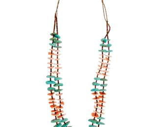 2171 A Pueblo style turquoise and shell necklace Mid/late 20th century Unmarked Comprising a two-strand necklace with graduated tab turquoise alternating with various shell tabs, with heishi spacers 31" L 150.1 grams gross Estimate: $400 - $600