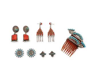2282 A group of Southwest silver stone set jewelry Mid/late 20th century Variously marked: GP / Sterling; SA / Zuni; Combs with etched signature verso: LL Weebothee / Zuni, for Leonard & Lula Weebothee Five works comprising four pairs of earrings, including a pair with set turquoise conchos suspending set spiny oyster dangles, a pair of cluster set coral earrings with silver dangles, and two pairs of diminutive cluster set turquoise earclips, as well as a pair of Zuni silver and petit point turquoise hair combs 10 pieces Earrings: 2.25" H to 0.625" H; Combs: 2.25" H x 2.125" W 51.6 grams gross Estimate: $400 - $600