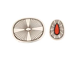 2159 A set of Herman Vandever Navajo sterling silver jewelry Herman Vandever (b. 1964, Diné) Late 20th/21st century Each with etched signature verso Comprising a sterling silver and set coral feathered sunburst pendant/brooch, together with a concho style stamped sunburst silver oval belt buckle 2 pieces Pendant: 2.125" H x 1.5" W; Buckle: 2.625" H x 3.125" W; belt bar: 1.625" 127.4 grams gross Estimate: $200 - $400