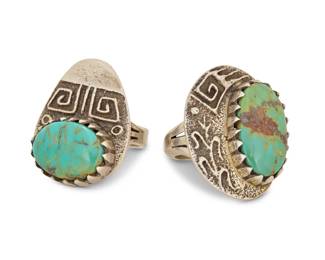 2232 Two Harold Lovato Kewa sterling silver and turquoise rings Harold Lovato (1954 - 1997, Kewa/Santo Domingo Pueblo) Late 20th century Stamped: HL Comprising two sterling silver rings, each featuring a cast silver plaque with set turquoise and with geometric and cornstalk motifs 2 pieces Ring sizes: 9 & 8 32.1 grams gross Estimate: $300 - $500
